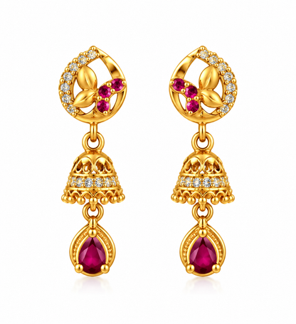 Premium Gold-Toned Jhumka Drop Earrings with Ruby Accents