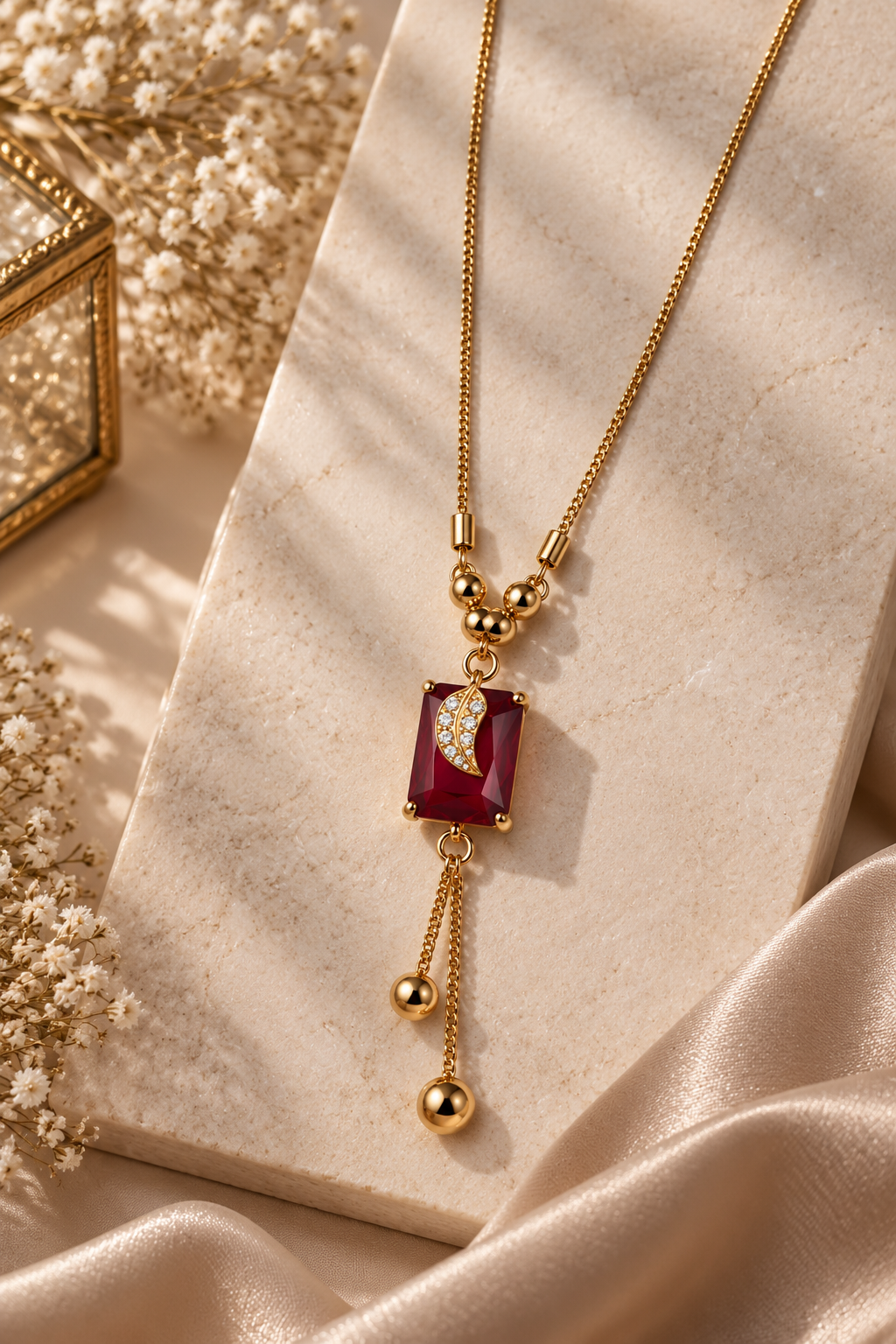 Gold-Toned Deep Red Stone Pendant Necklace