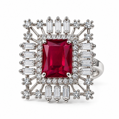 Silver-Toned Ruby Rectangular Statement Ring