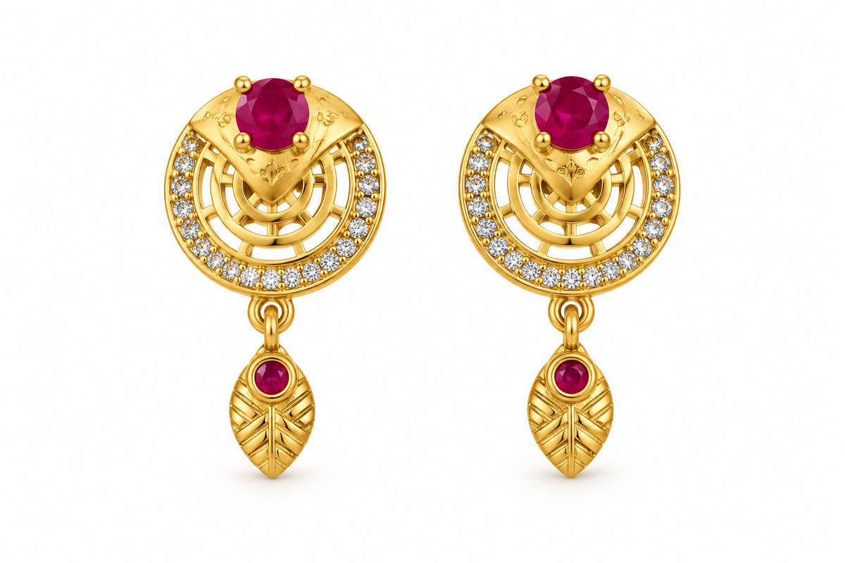 Gold-Plated Purple Floral Stud Drop Earrings