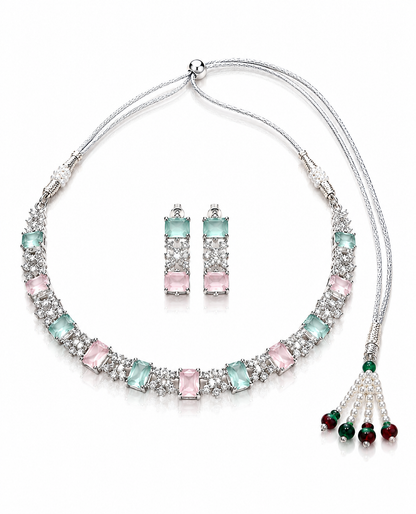 Silver-Toned Aqua Green & Blush Pink Stone Necklace Set