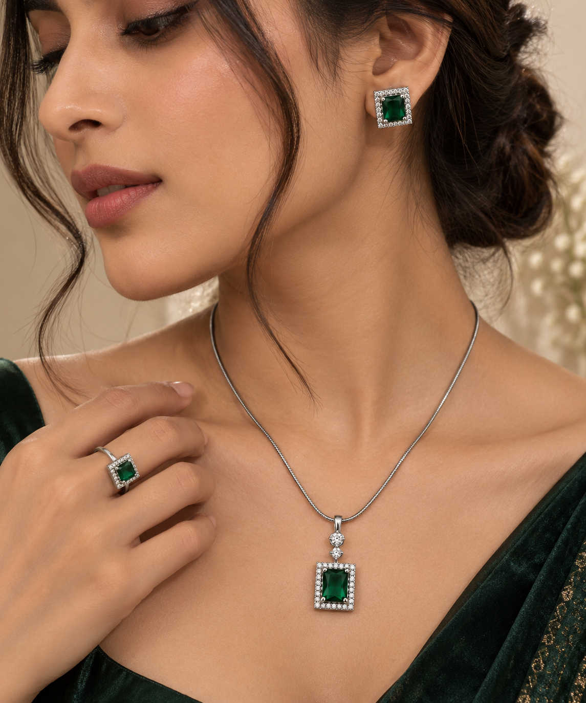 Premium Silver-Toned Emerald Green Jewellery Set