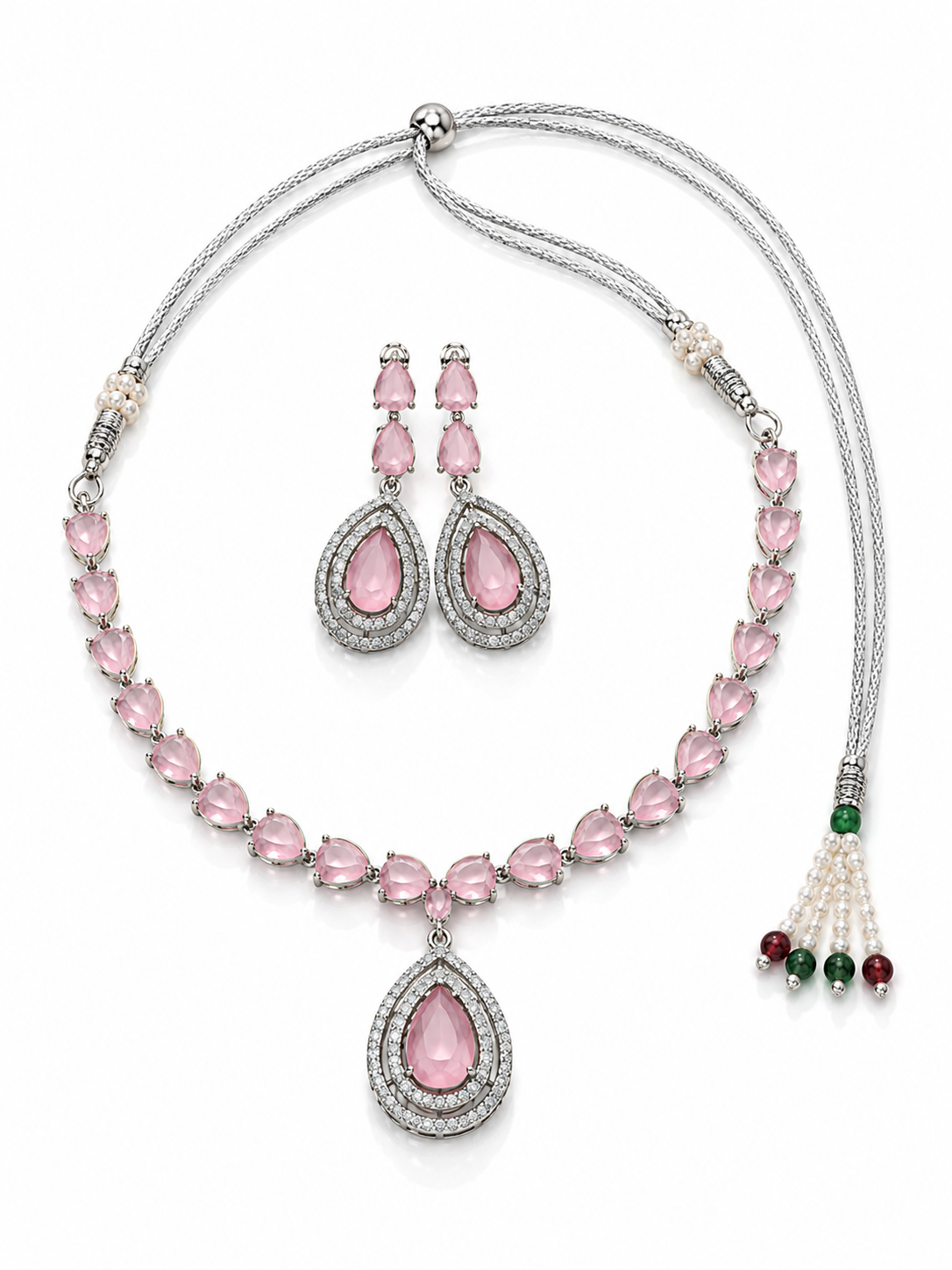Silver-Toned Pink Crystal Necklace & Earring Set
