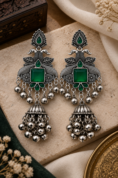 Premium Oxidized Silver-Toned Emerald Green Peacock Jhumka Earrings