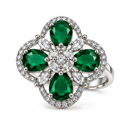 Silver-Toned Green Floral Statement Ring