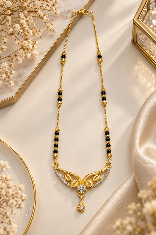 Gold-Toned Black Beaded Floral Pendant Necklace