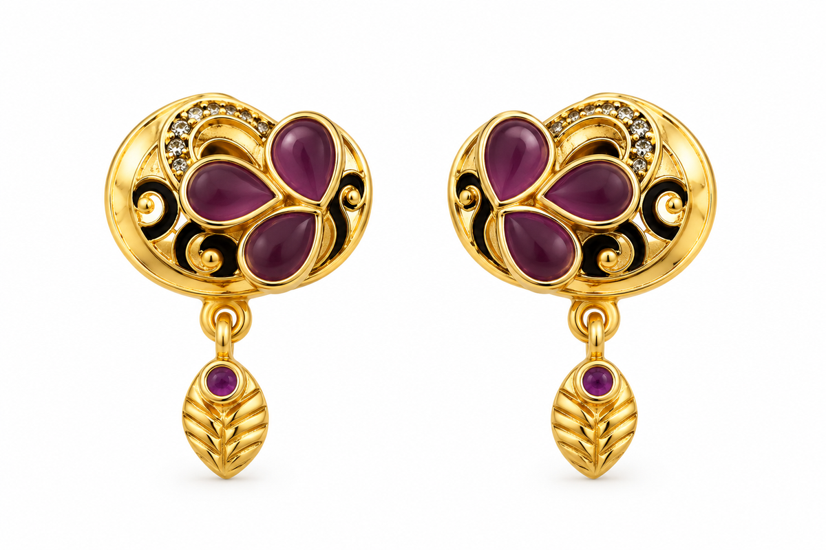 Gold-Plated Purple Floral Stud Drop Earrings
