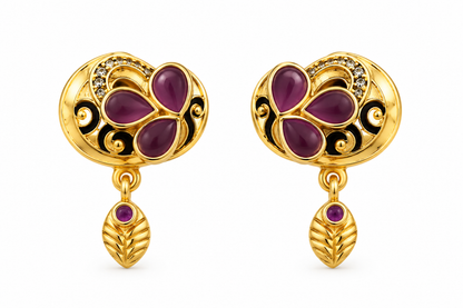 Gold-Plated Purple Floral Stud Drop Earrings