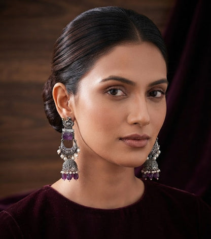 Premium Purple Stone Oxidised Silver Peacock Chandbali Earrings