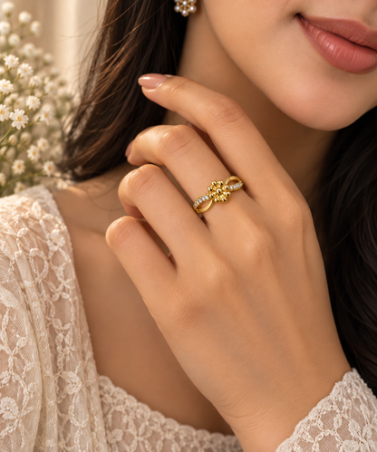 Gold-Toned Floral Crystal Ring