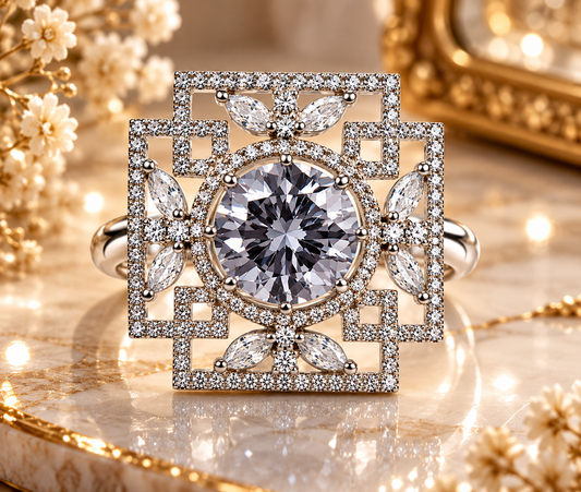 Silver-Toned Geometric Floral Statement Ring