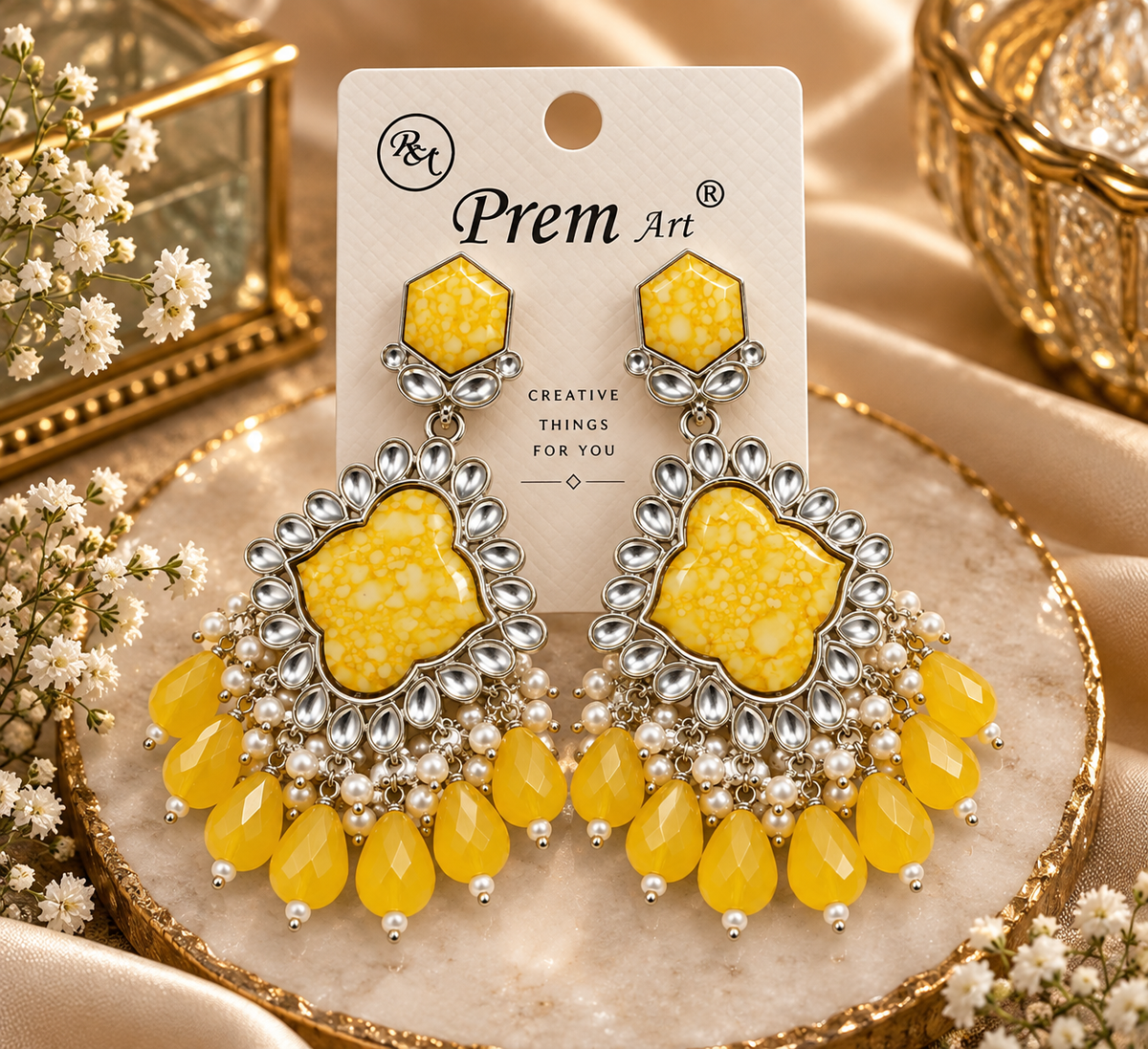 Premium Silver-Toned Yellow Stone Chandelier Earrings