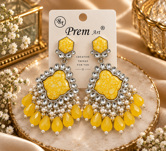 Premium Silver-Toned Yellow Stone Chandelier Earrings