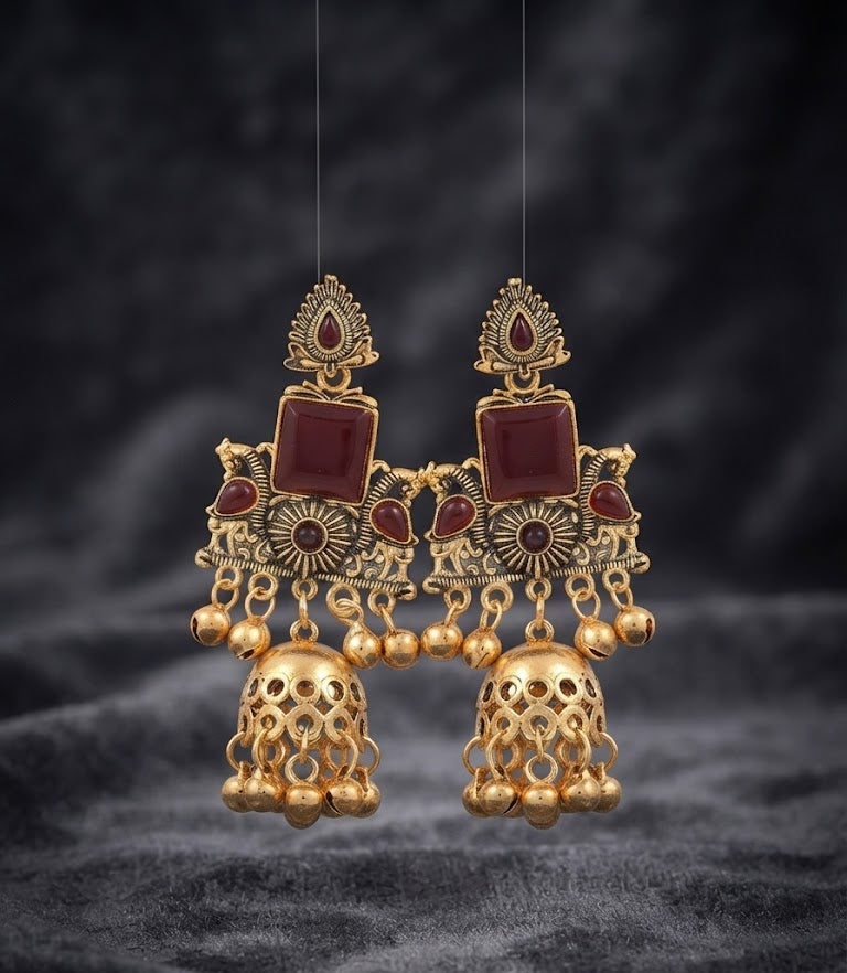 Premium Maroon Stone Antique Gold Jhumka Earrings