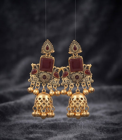 Premium Maroon Stone Antique Gold Jhumka Earrings