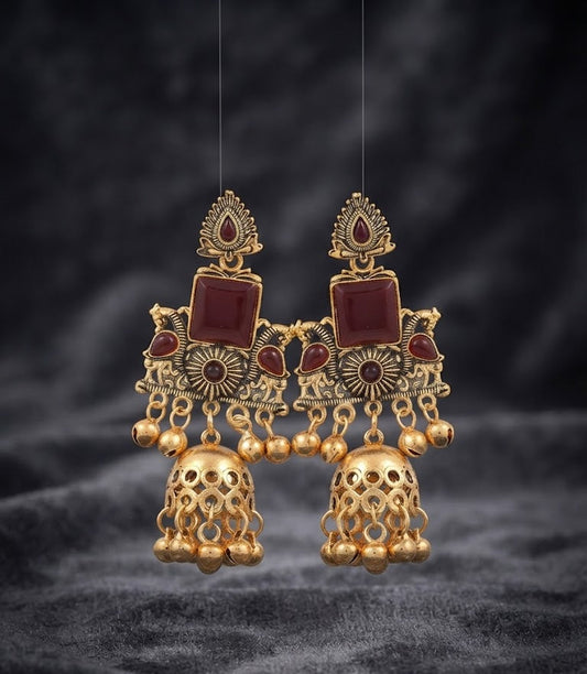 Premium Maroon Stone Antique Gold Jhumka Earrings
