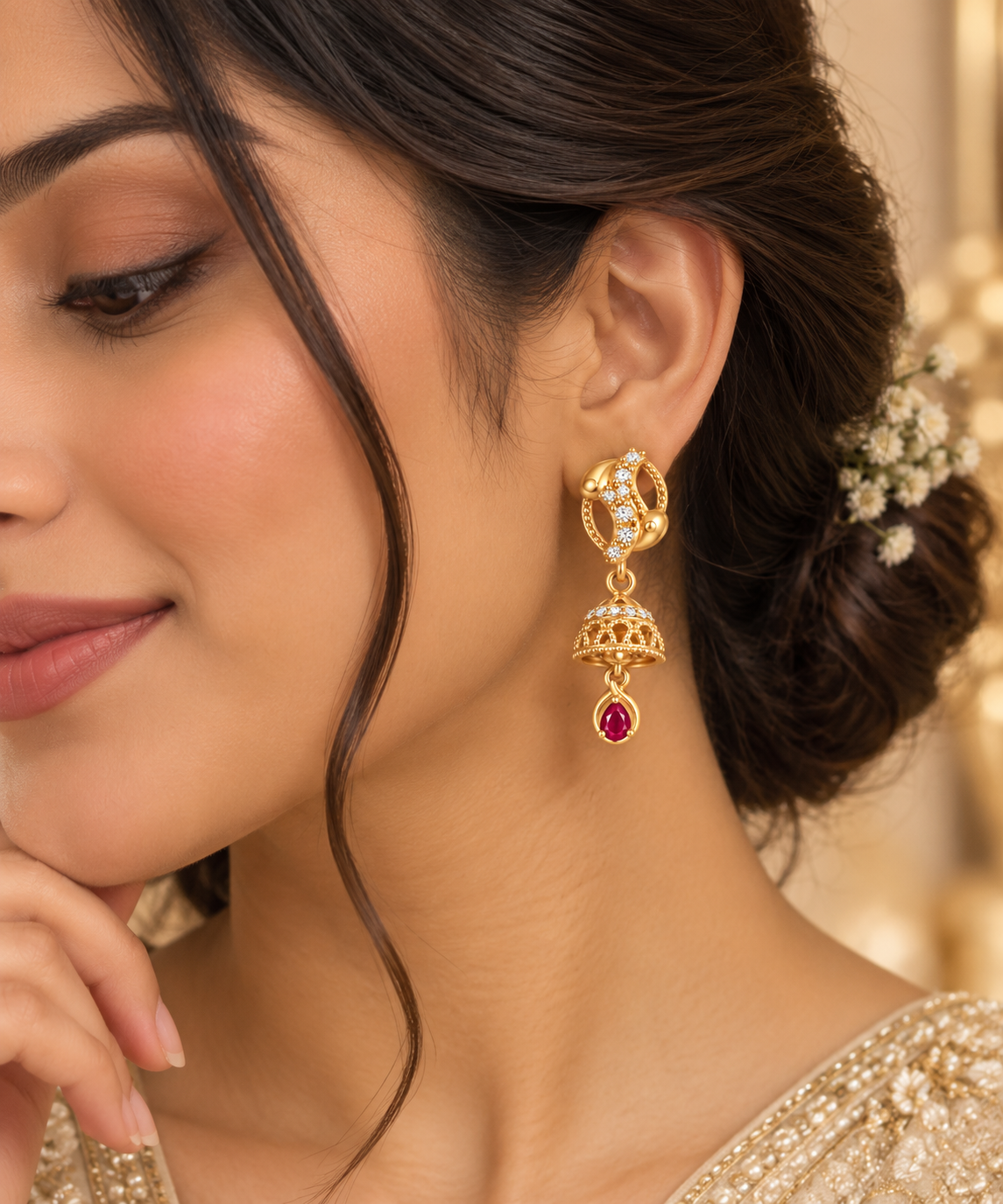 Premium Gold-Toned Jhumka Drop Earrings with Ruby Accents