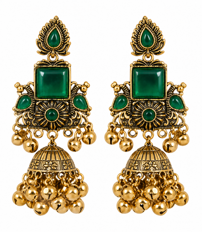 Premium Gold-Toned Green Stone Traditional Jhumka Earrings