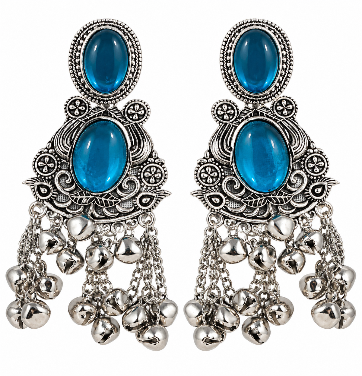 Premium Oxidized Silver-Toned Blue Stone Chandelier Jhumka Earrings