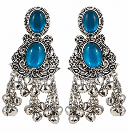 Premium Oxidized Silver-Toned Blue Stone Chandelier Jhumka Earrings