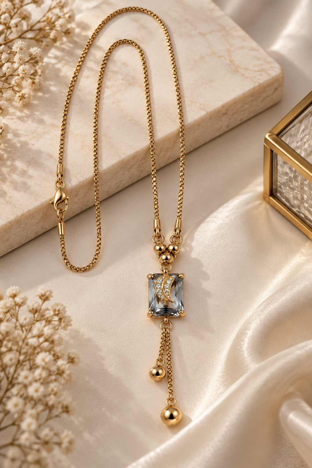 Gold-Toned Clear Grey Stone Pendant Necklace