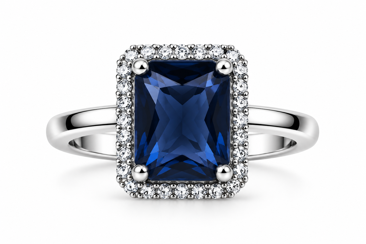 Midnight Blue Rectangular Halo Statement Ring