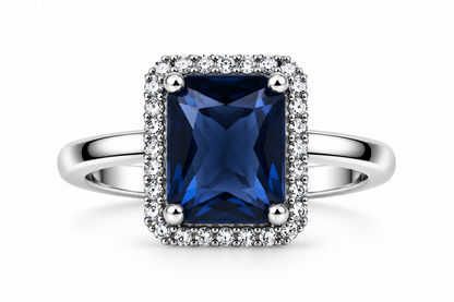 Midnight Blue Rectangular Halo Statement Ring
