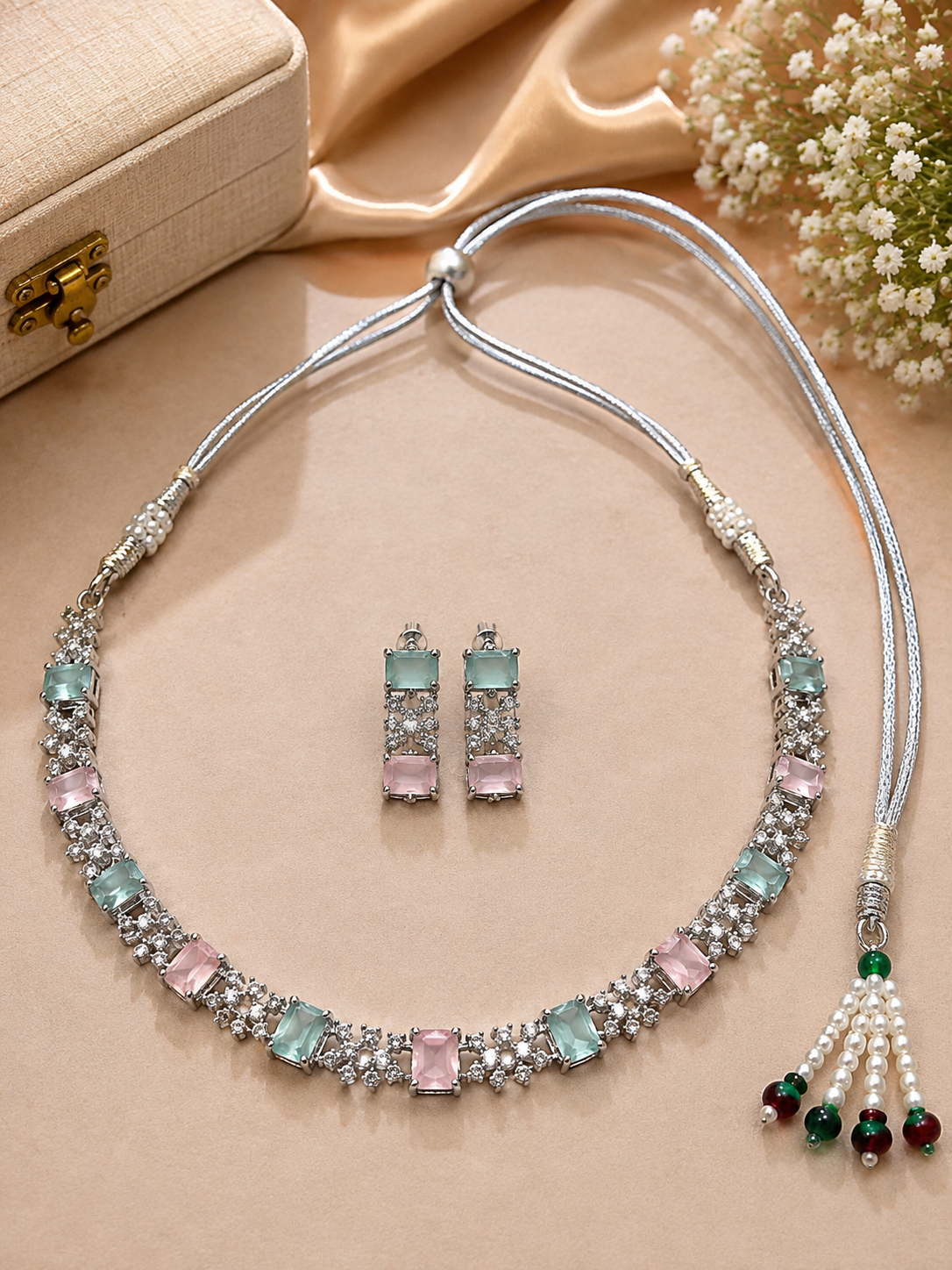 Silver-Toned Aqua Green & Blush Pink Stone Necklace Set