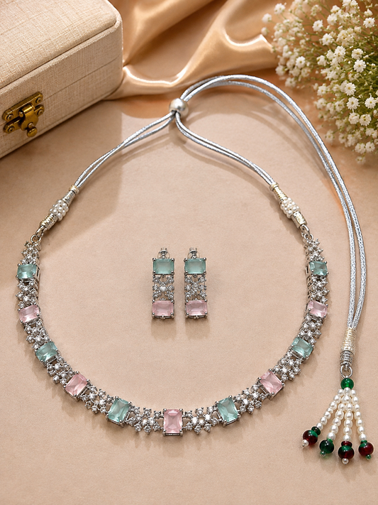 Silver-Toned Aqua Green & Blush Pink Stone Necklace Set