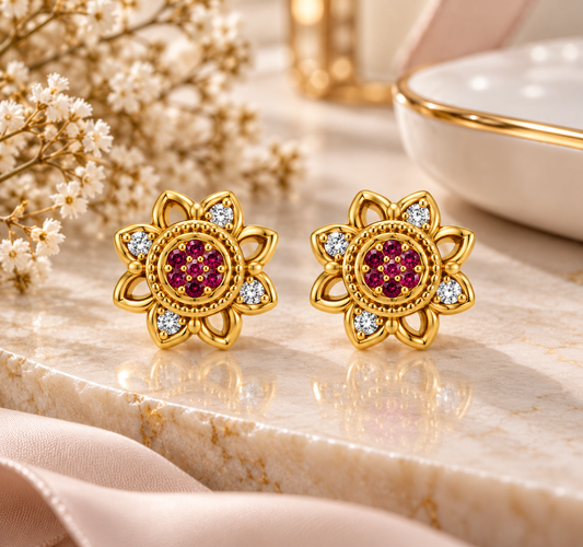 Gold-Toned Floral Ruby Stud Earrings