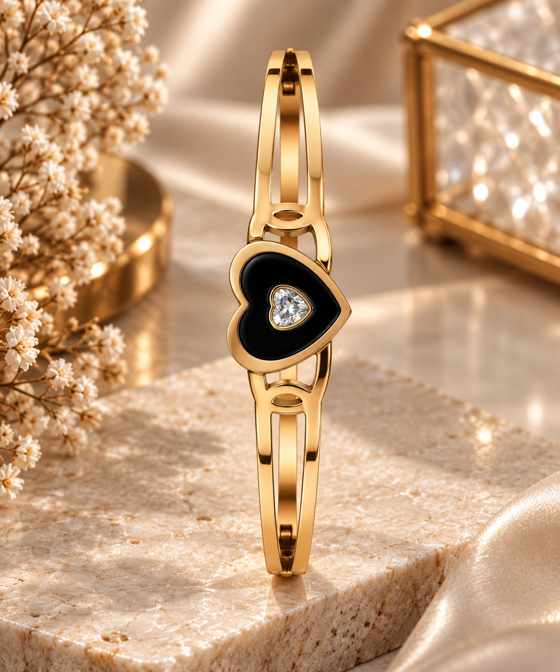 Premium Gold-Toned Black Heart Crystal Statement Bracelet