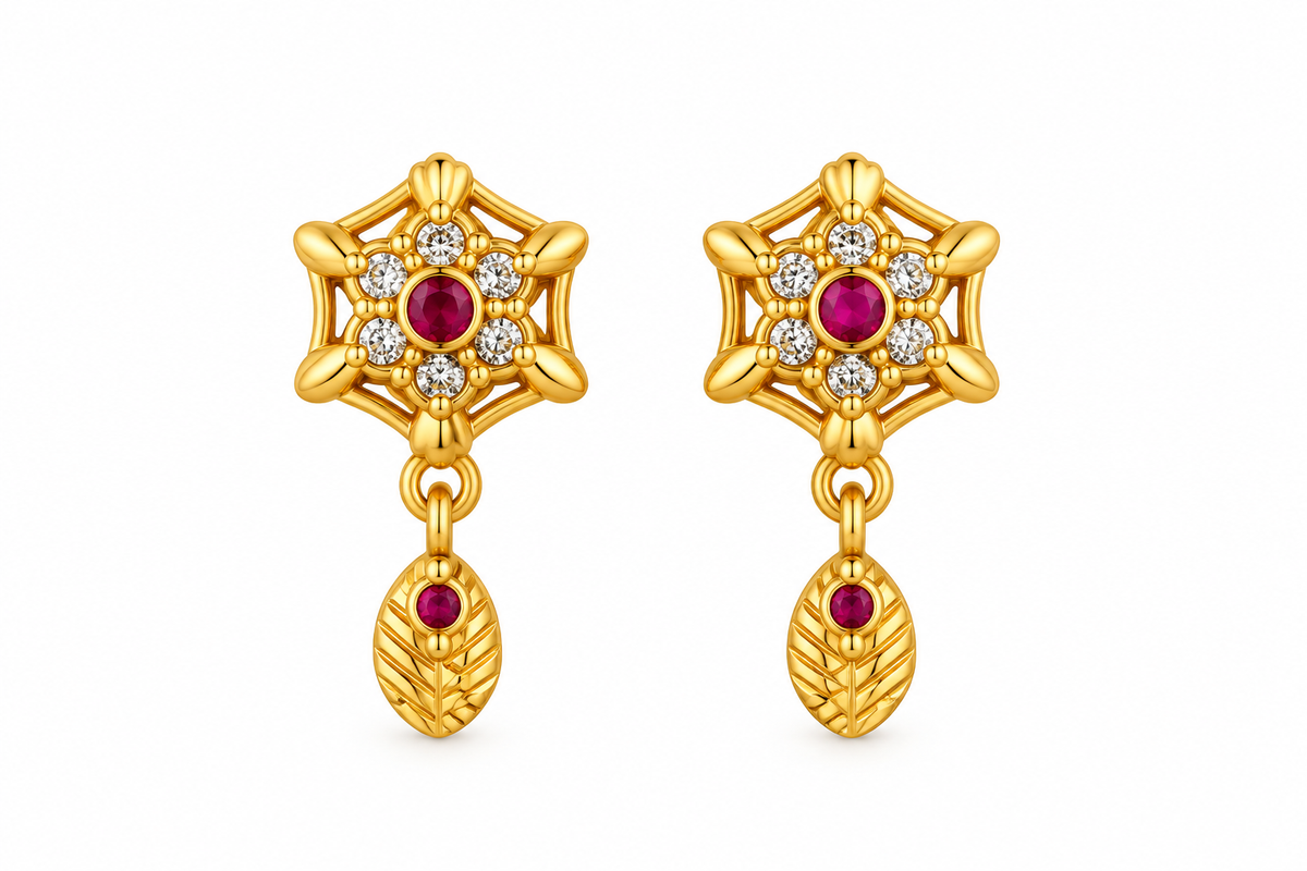 Elegant Gold-Toned Ruby Drop Stud Earrings