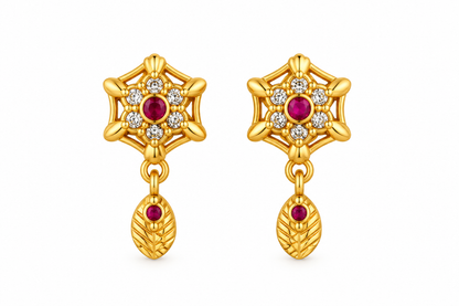 Elegant Gold-Toned Ruby Drop Stud Earrings