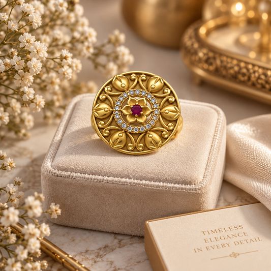 Antique Gold-Toned Floral Ruby Ring