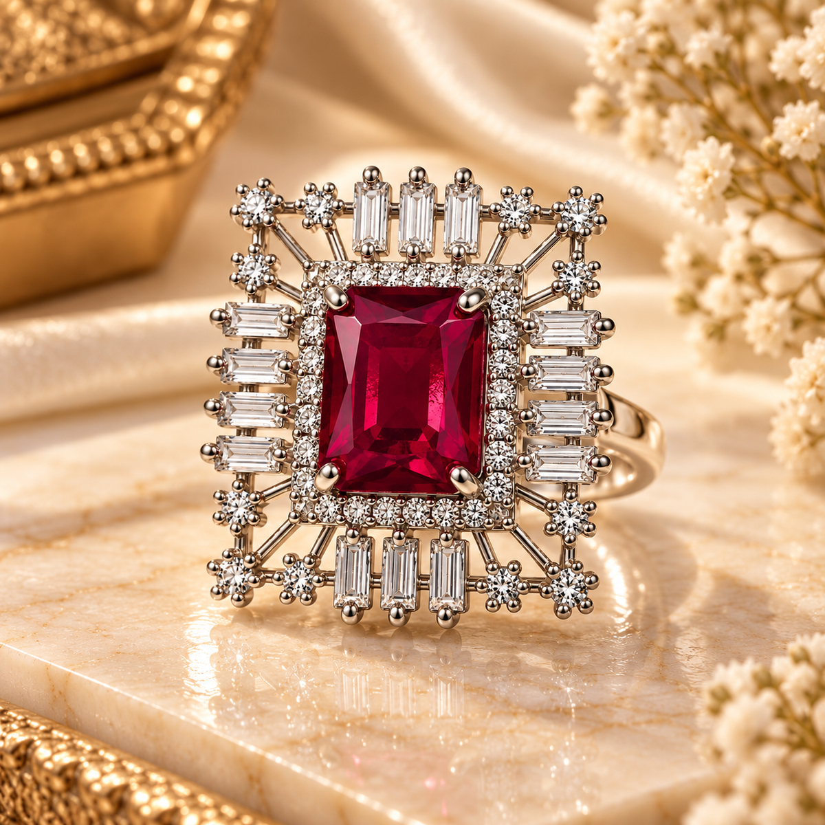 Silver-Toned Ruby Rectangular Statement Ring