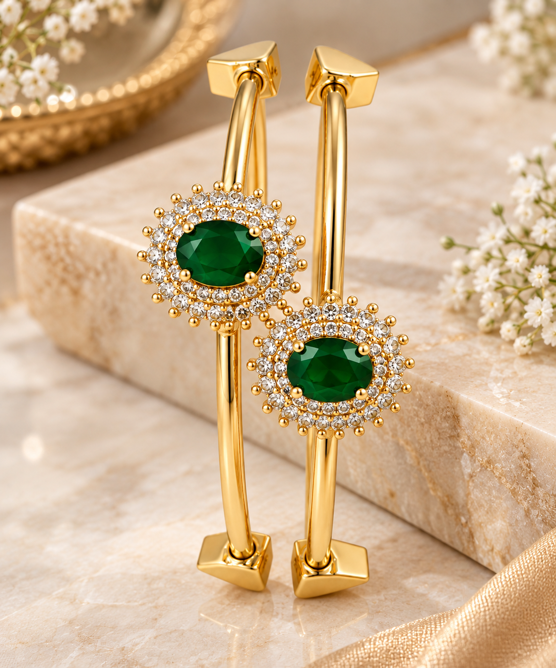 Gold-Toned Green Stone Double-Band Bracelet