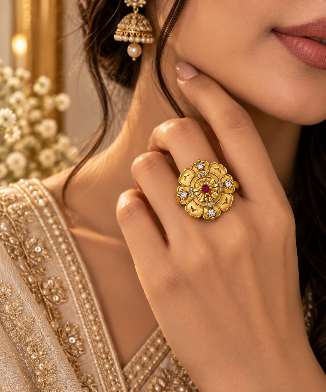 Premium Gold-Toned Floral Ruby Statement Ring