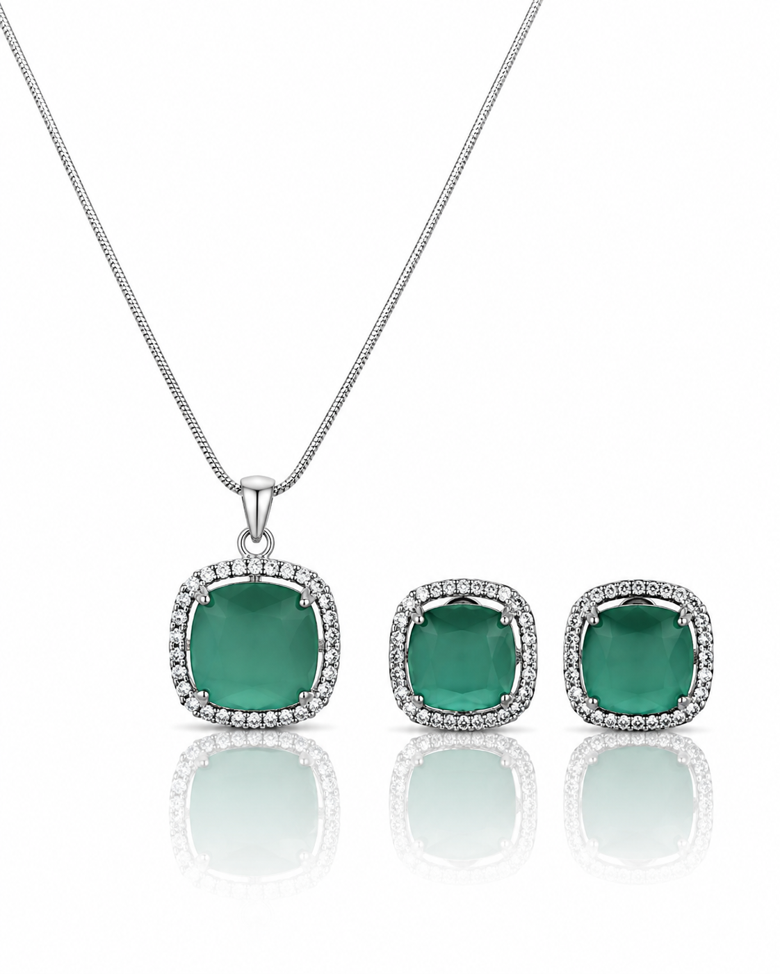 Emerald Green Silver-Toned Pendant Set