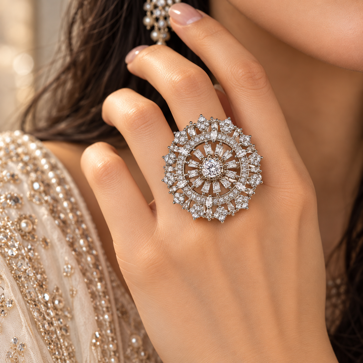 Silver-Toned Crystal Sunburst Statement Ring