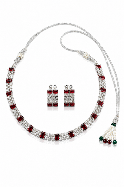 Silver-Toned Ruby Red Statement Necklace & Earring Set