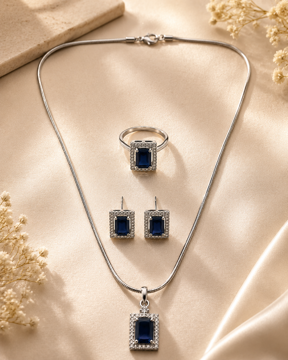 Elegant Midnight Blue Silver-Toned Pendant Set