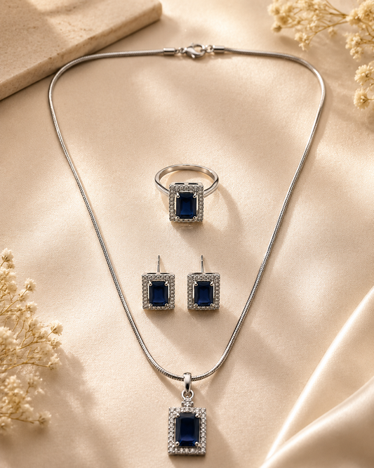 Elegant Midnight Blue Silver-Toned Pendant Set