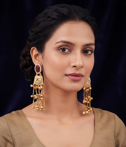 Premium Maroon Kundan Gold-Toned Long Jhumka Chain Earrings