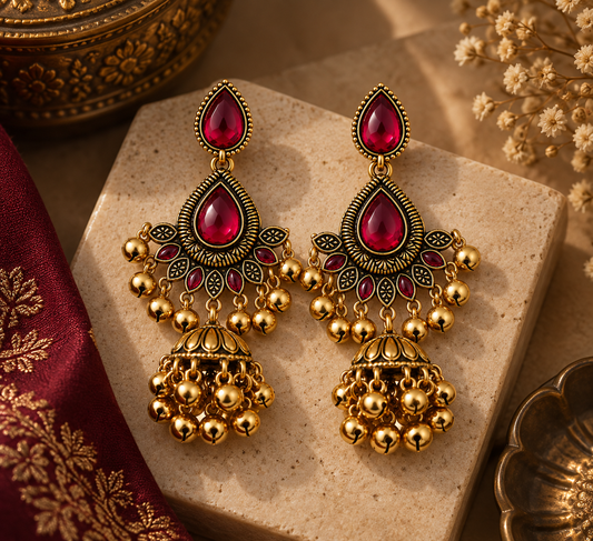 Premium Antique Gold-Toned Ruby Red Stone Chandelier Jhumka Earrings