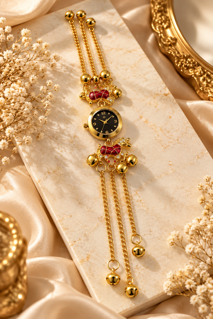 Elegant Gold-Toned Pendant Watch with Red Floral Accents