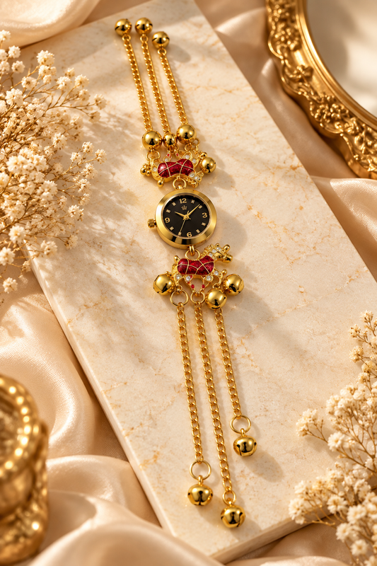 Elegant Gold-Toned Pendant Watch with Red Floral Accents