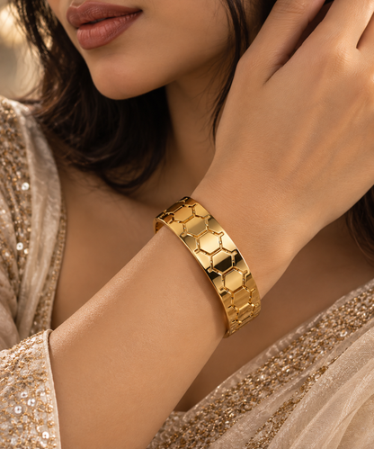Premium Gold-Toned Hexagonal Pattern Statement Bangle