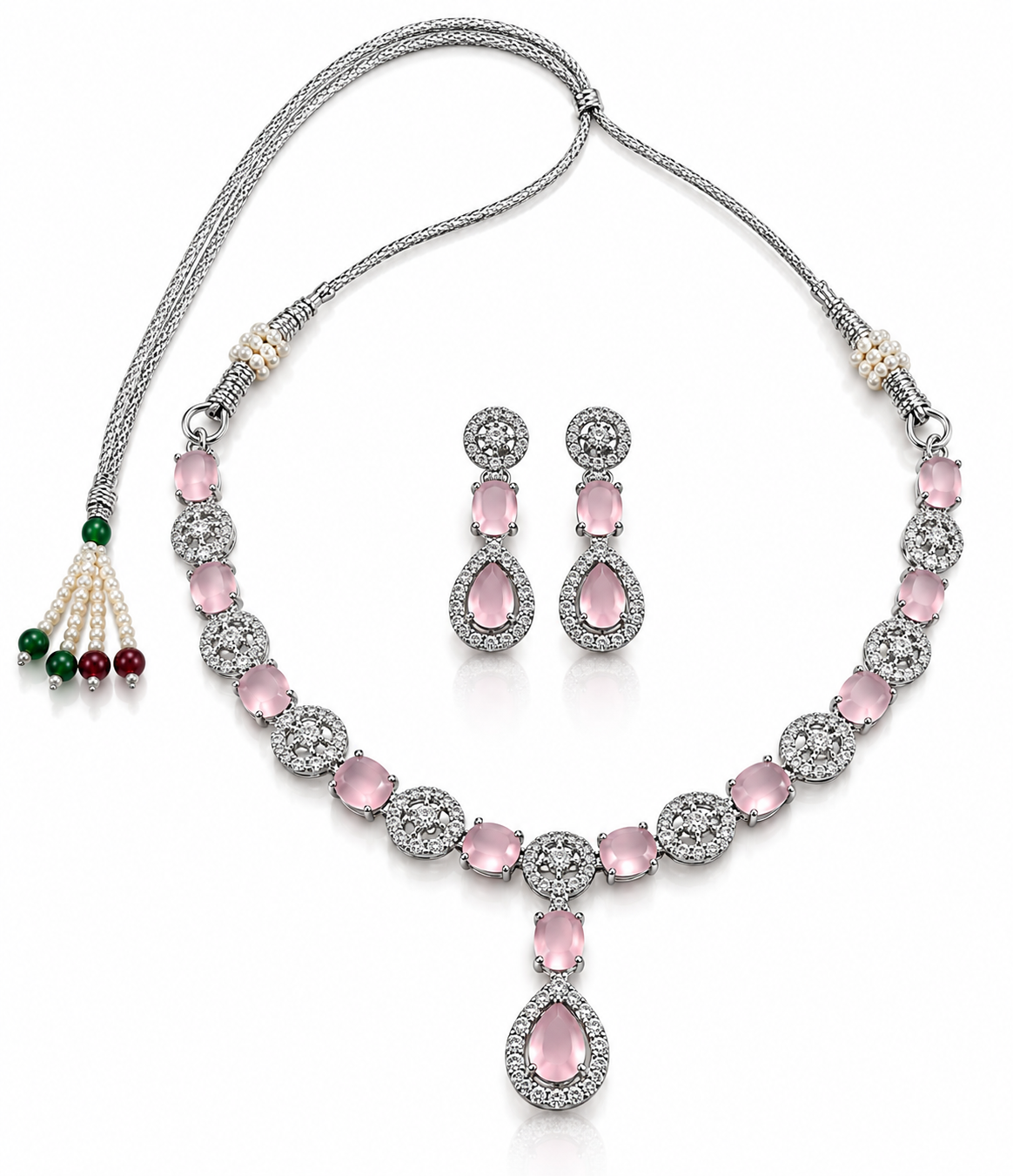 Silver-Toned Pink Stone Necklace & Earring Set