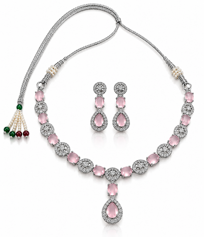 Silver-Toned Pink Stone Necklace & Earring Set