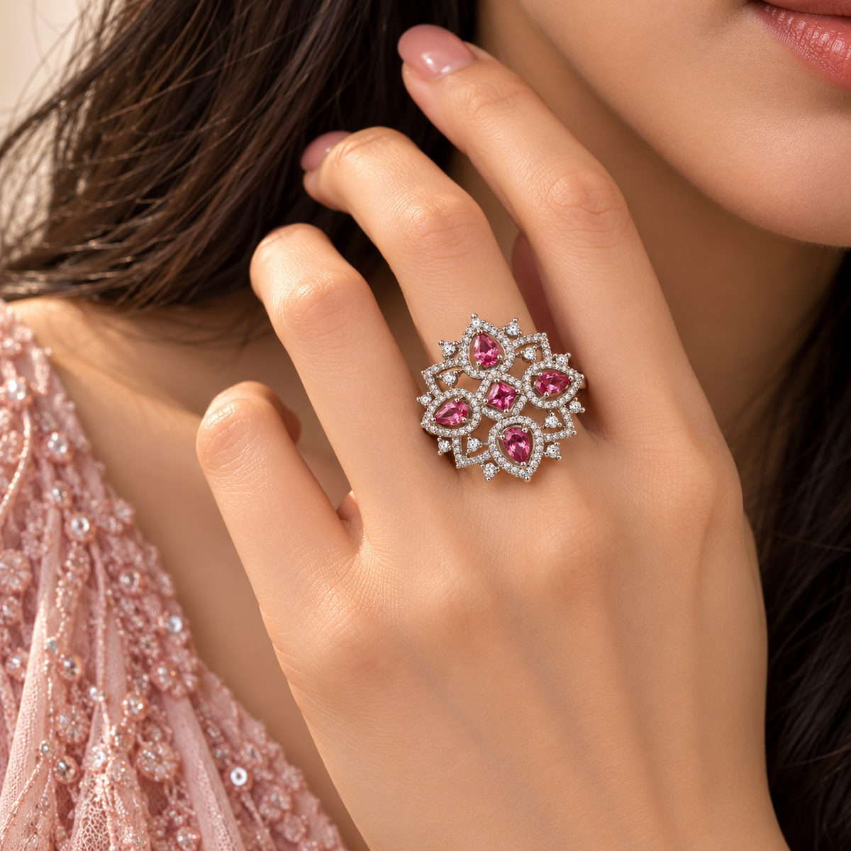 Silver-Toned Pink Floral Statement Ring